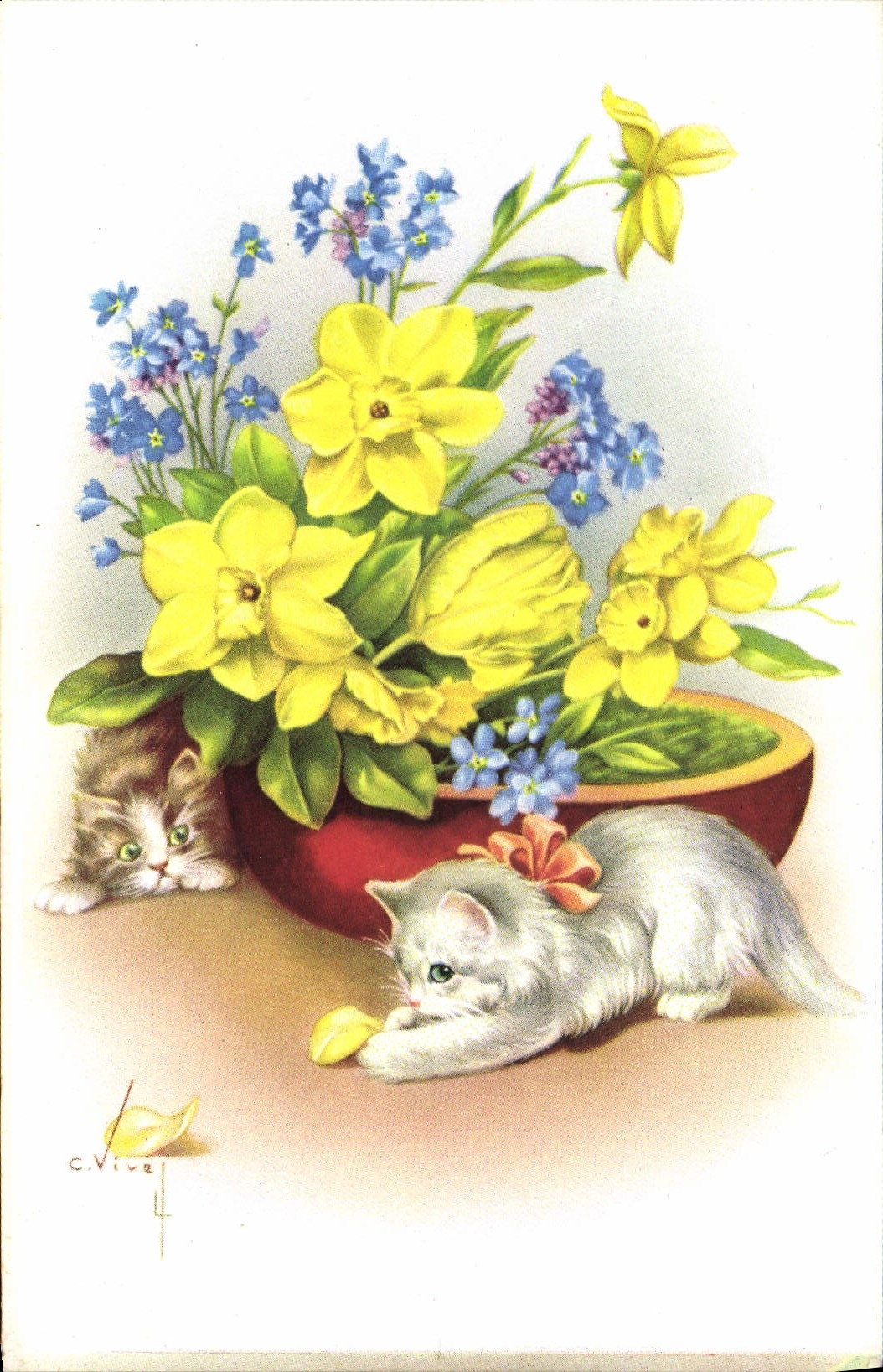 CPA Fantaisie Fleurs Chat Chaton Chats