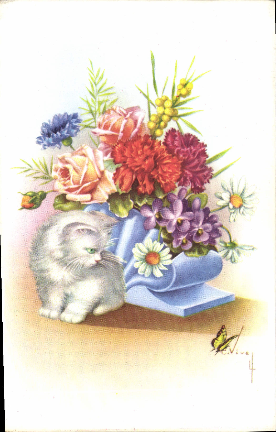 CPA Fantaisie Fleurs Chat Chaton Papillon