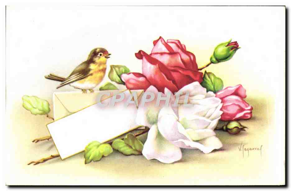 CPA Fantaisie Fleurs Oiseau