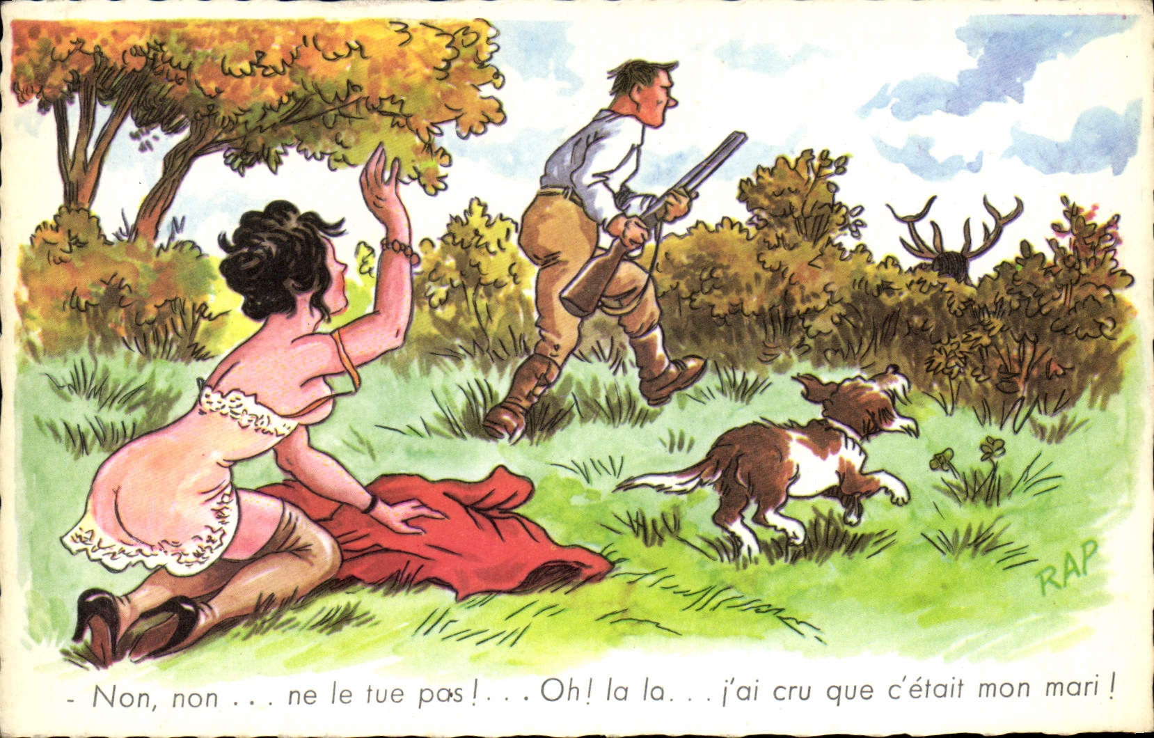 CPA Non non ne le tue pas Oh la la cru que c'etait mon mari Chase Chasseur Chien
