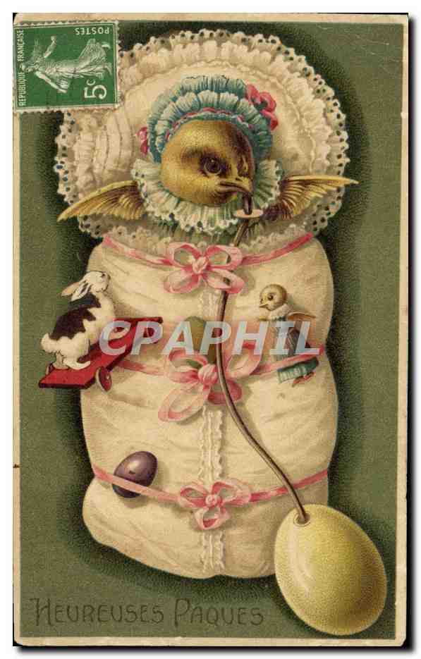 CPA Heureuses Paques Poussin Lapin 