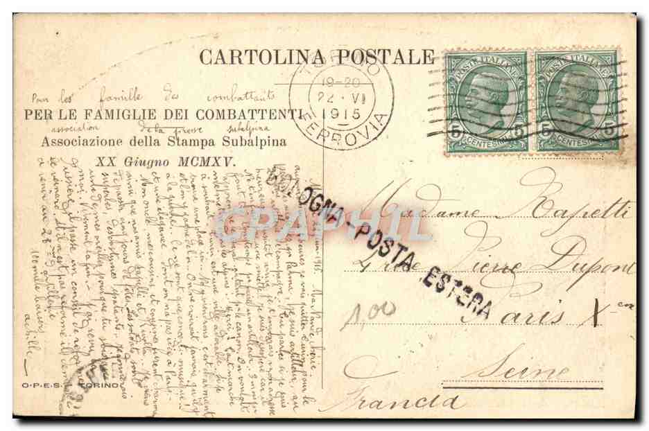 CPA Per Le famiglie dei Combattenti Associazione della stamps subalpina  — Rückseite