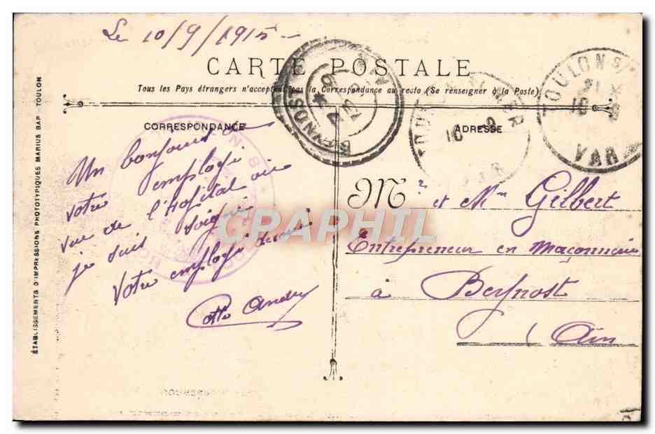 CPA Toulon Hopital Temporaire La Providence — Rückseite