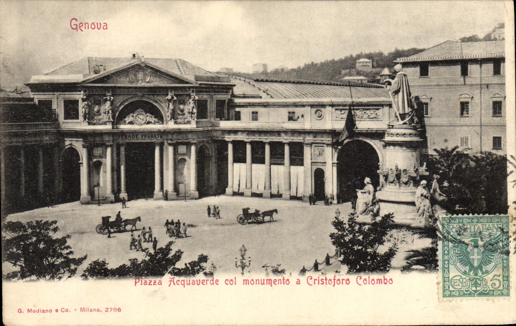 CPA Genova Piazza Acquaverde Col Monumento a Cristoforo Colombo