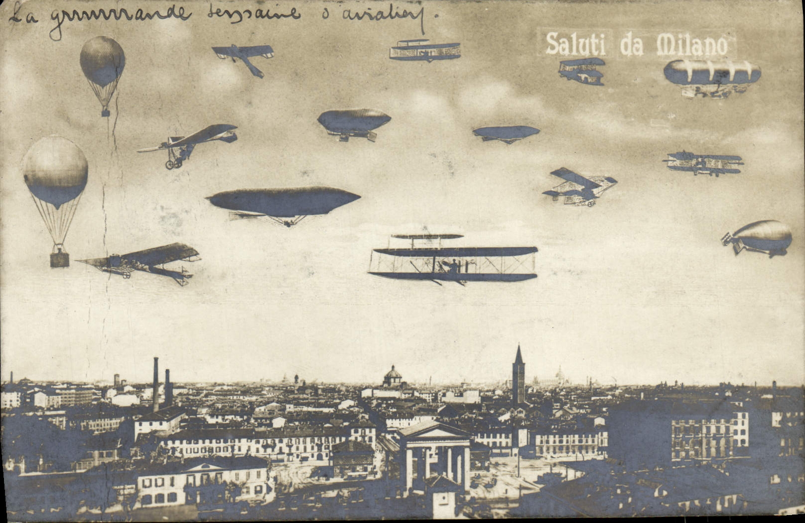 CPA Milano Saluti Aviation Zeppelin Dirigeable Avion Ballon