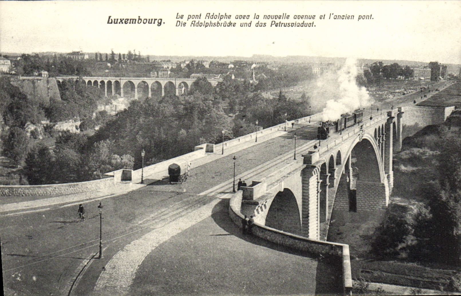 CPA Luxembourg Le Pont Adolphe avea la Nouvelle avenue et 'lancien pont Train 