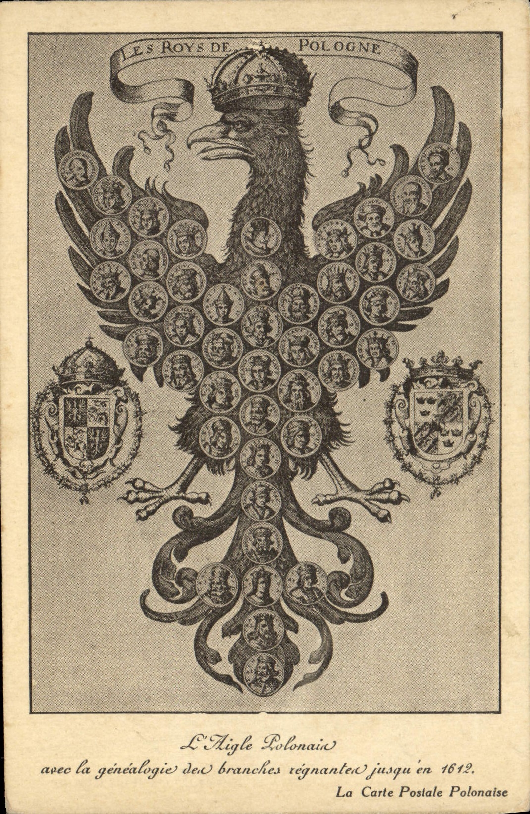 CPA L'aigle polonais avec le genealogie des branches regnantes jusqu'en 1612 Aigle Wilanow 