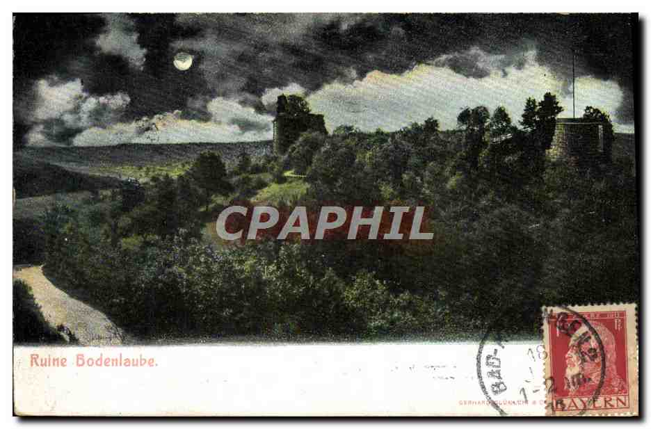 Ruiné Bodenlaube — vue nocturne sous la lune — éditeur Gerhard Glünch & Cie