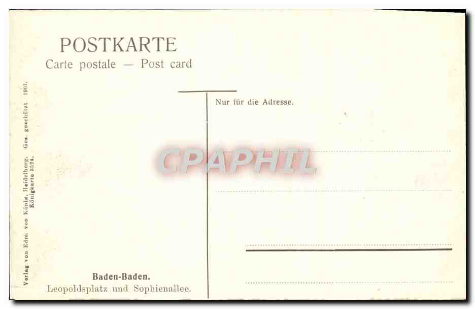 CPA Baden Baden Leopoldsplatz und Sophienallee Hotel Victoria — Rückseite