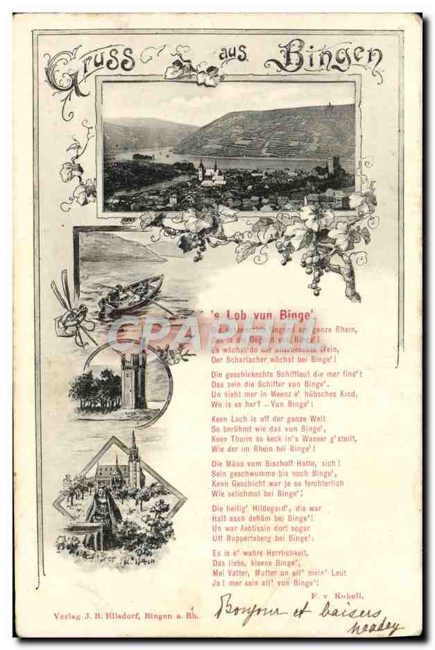 Bingen am Rhein — vue du Rhin et du château — Verlag J. Hiladorf, Bingen a. Rh. - Anverso