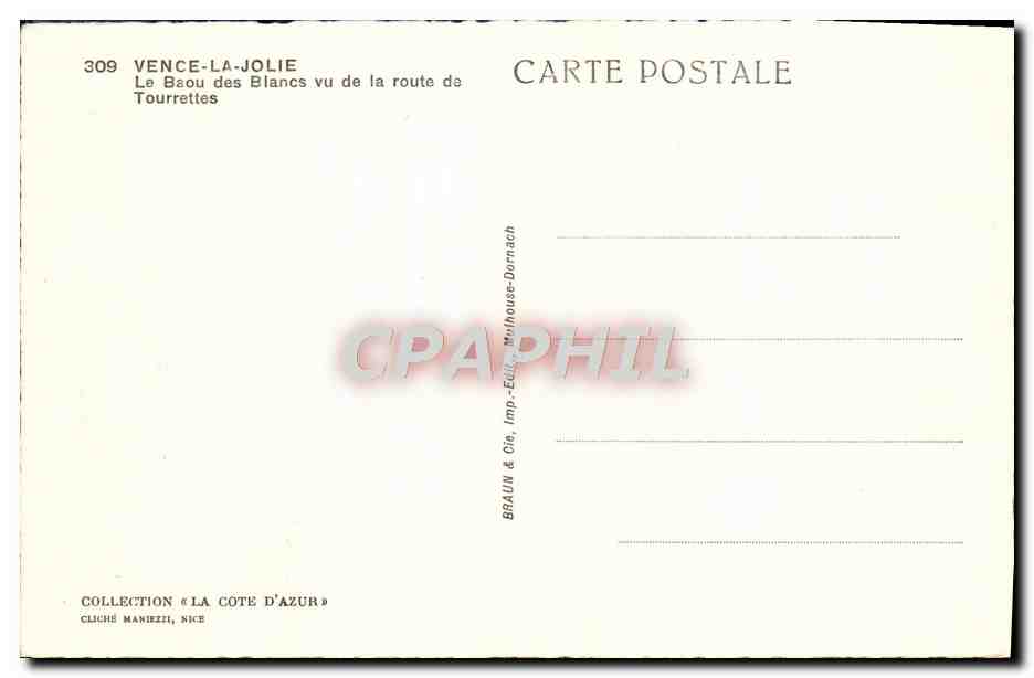 CPA Vence la Jolie Le Brou des Blancs vu de la route de Tourrettes — Rückseite