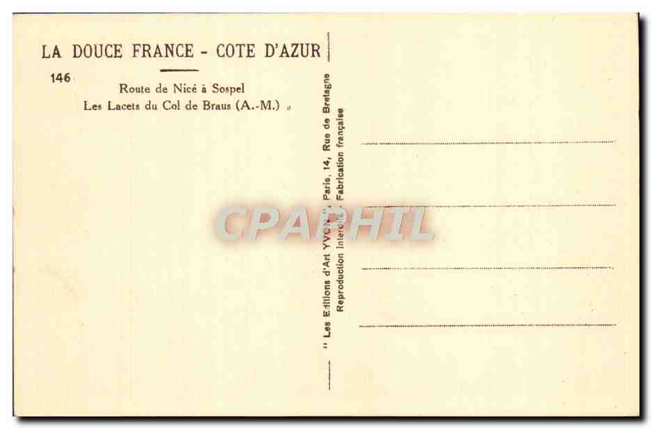 CPA Route de Nice a Sospel Les lacets du col de Braus automobile — Rückseite
