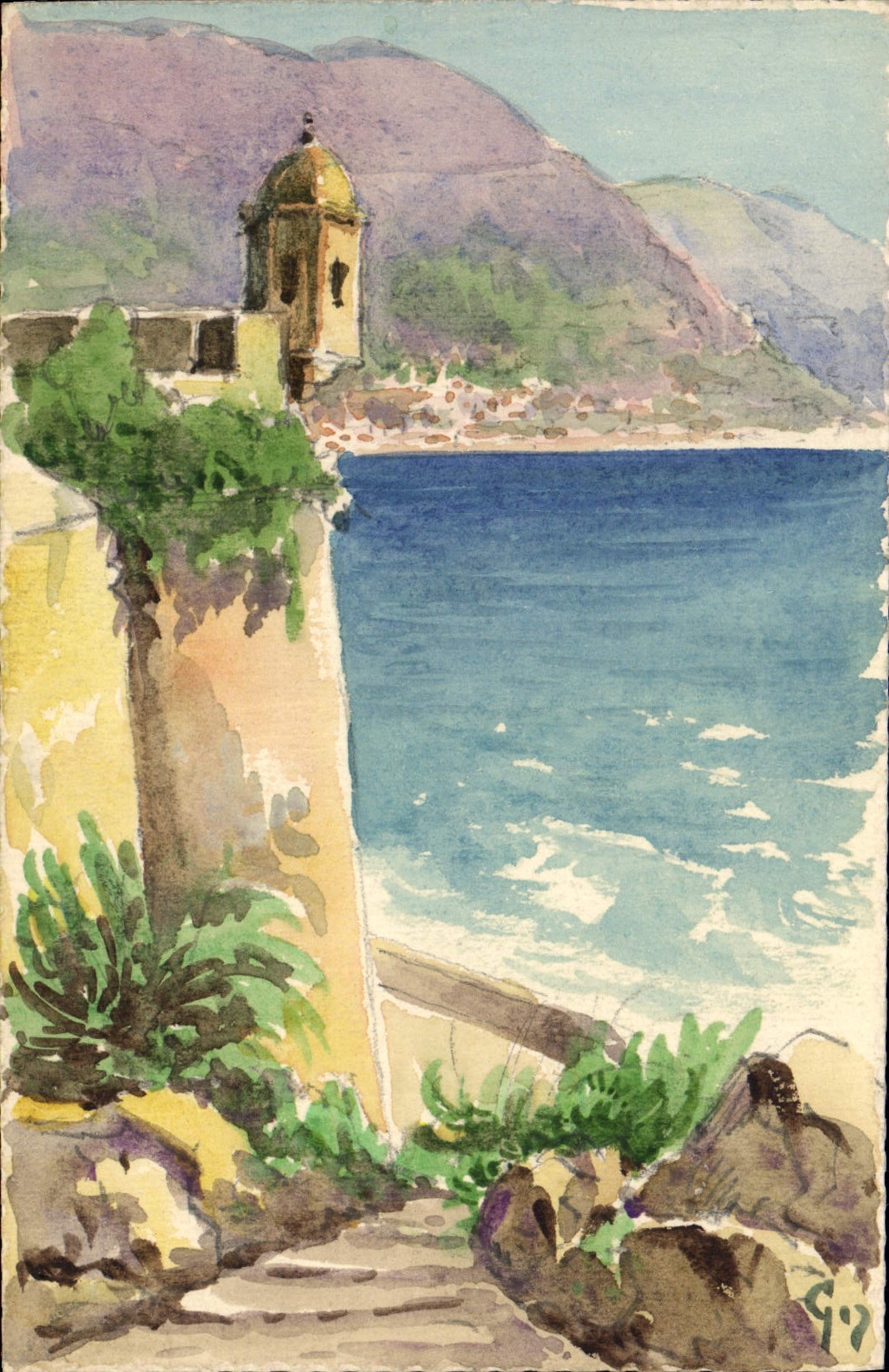 Jardin de Monaco — vue de la mer et d'une chapelle — éditeur CPAPHIL, n° de série non visible