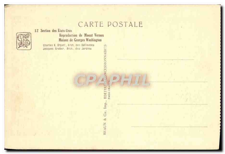 CPA Exposition Coloniale Internationale De Paris 1931 Section des Etats Unis Reproduction du Mont Vernon Washington — Rückseite