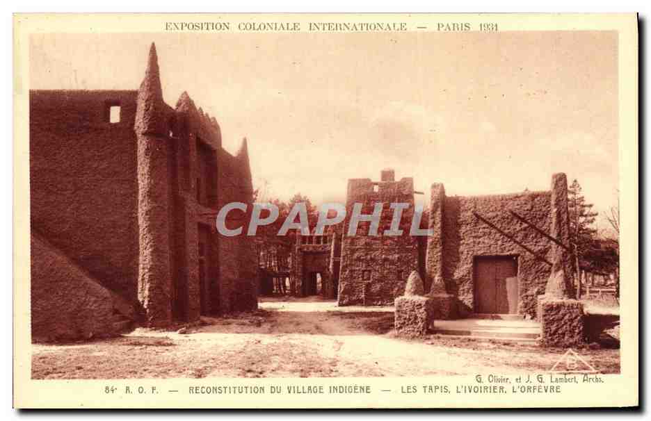 Rekonstruktion des indigenen Dorfes — Die Teppiche, der Elfenbeinarbeiter, der Goldschmied — Internationale Kolonialausstellung — Paris 1931 — G. Olivier und J. G. Lambert, Archs.
