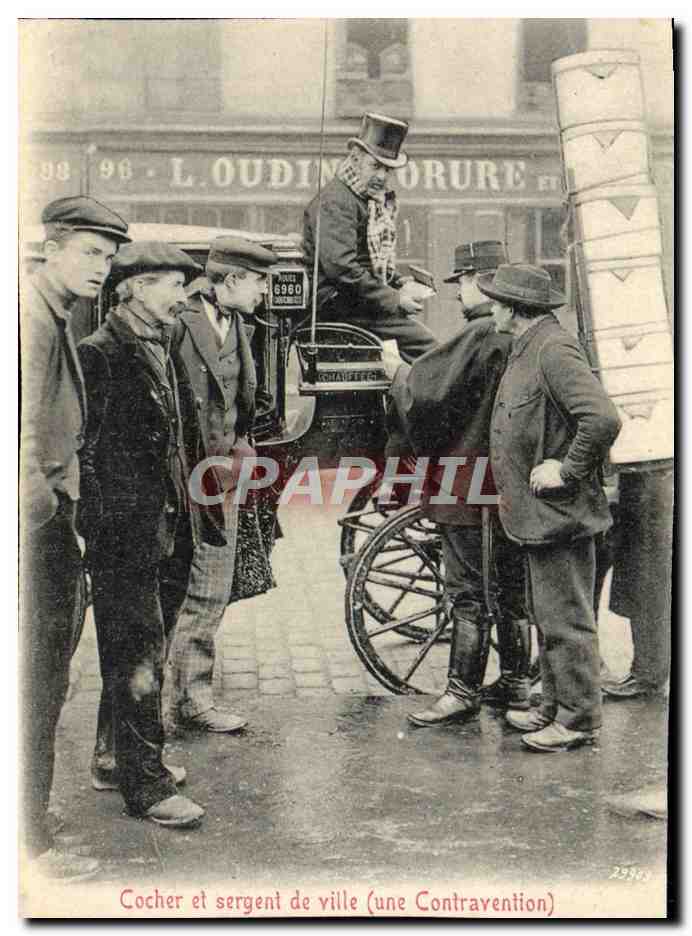 Cocher et sergent de ville (une Contravention) — scène urbaine avec voiture à cheval, éditeur L. OUDIN, n° 22363