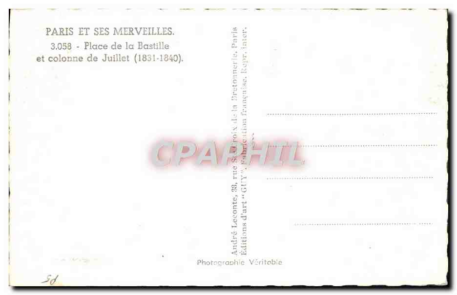 CPM Paris Et Ses Merveilles Place De La Bastille Et Colonne De Juillet 1831 1840 — Rückseite