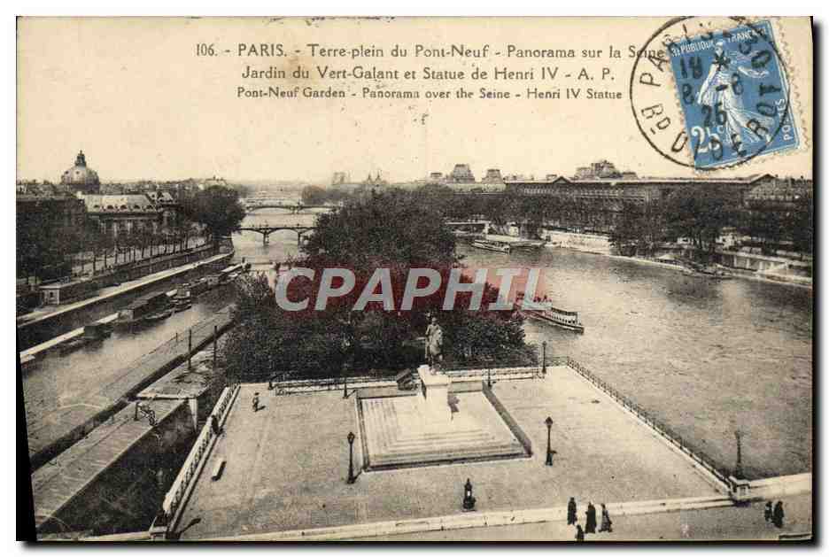 CPA Paris Terre Plein Du Pont Neuf Panorama Sur La Seine Jardin Du Vert Galant Et Statue De Henri IV