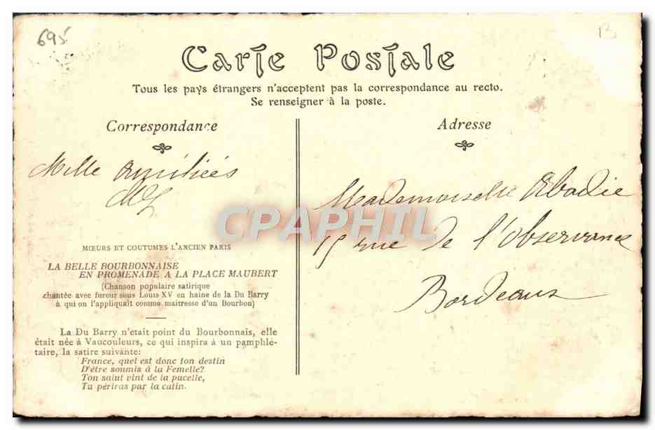 CPA Moeurs Et Coutumes De L'Ancien Paris La Belle Bourbonnaise En Promenade A La Place Maubert  — Rückseite