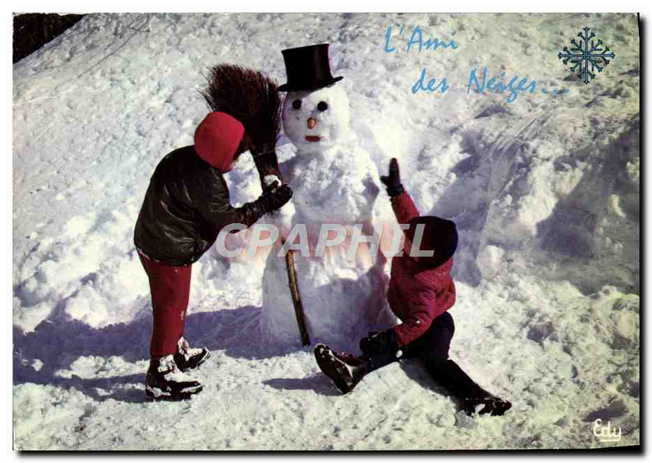 Enfants jouant avec un bonhomme de neige — L'Ami des Neiges — Éditeur Edy