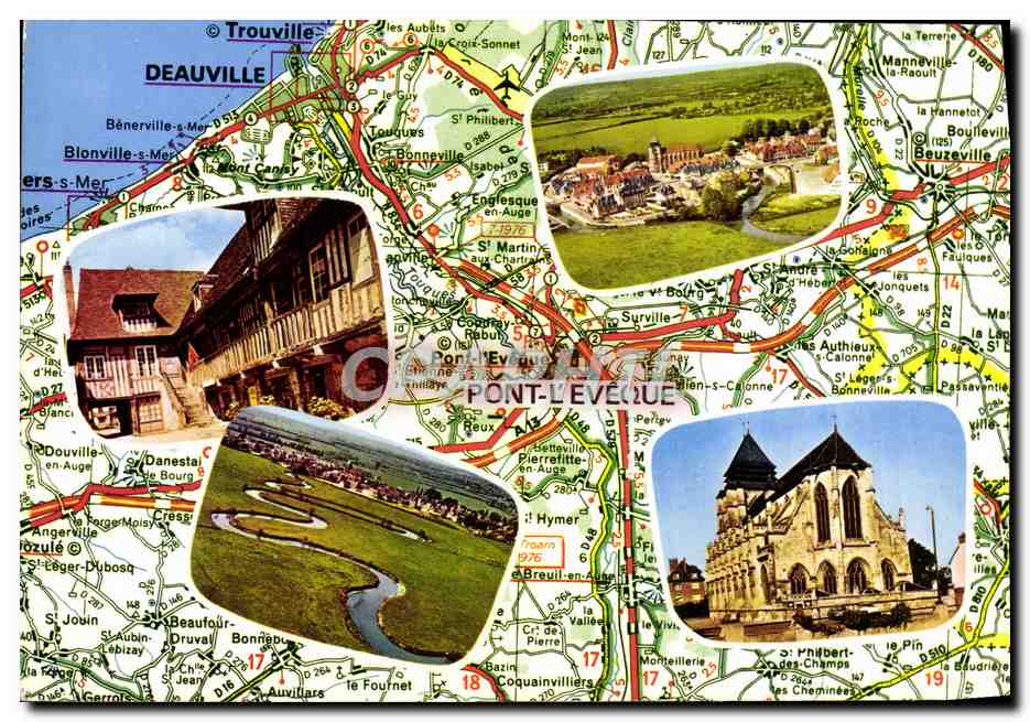 PONT-L'ÉVÈQUE — carte postale touristique avec vue de la cathédrale, du golf et d'un village — éditeur Michelin, n° 14514