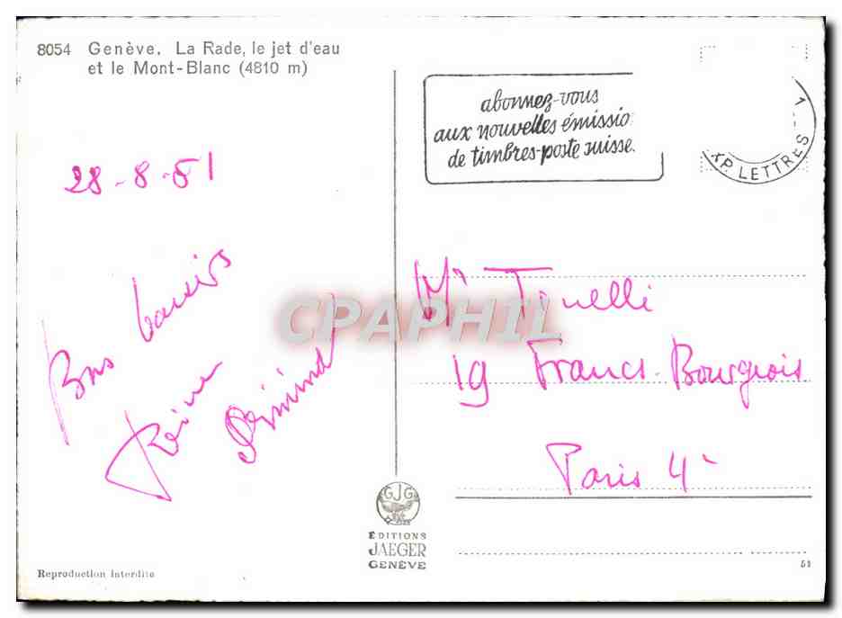 CPM Geneve La Rade Le Jet d'Eau Et Le Mont Blanc — Rückseite