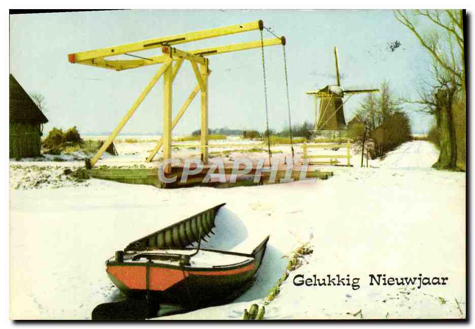 Paysage hivernal avec grue jaune et moulin à vent — texte 'Gelukkig Nieuwjaar' — éditeur MLVA Valkenburg B.I.