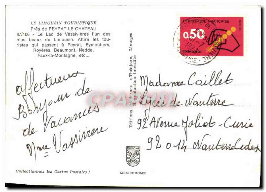 Le Lac de Vassivières — Limousin touristique — Éditions Modernes « Théo Jac », Limoges, n°87/106 — Verso