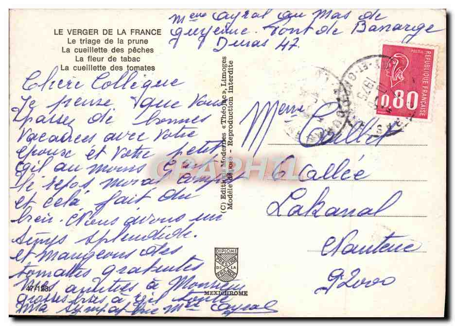 CPM La Verger De La France Le Triage De La Prune La Cueillette Des Peches La Fleur De Tabac Tomates — Rückseite