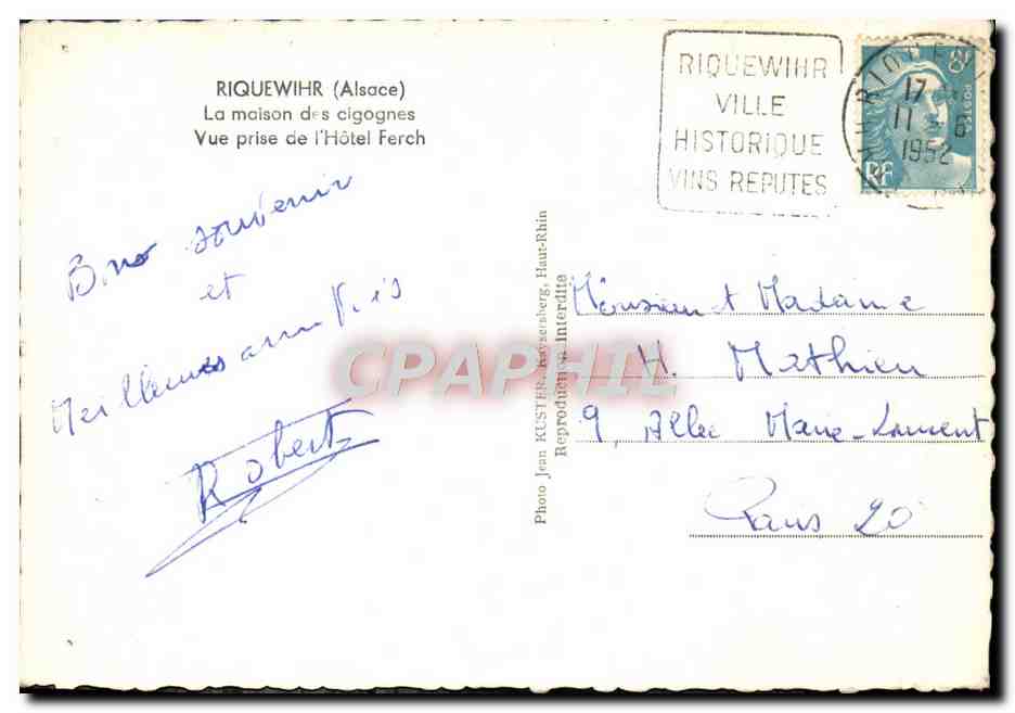 CPM Riquewihr La Maison Des Cigognes Vue Prise De l'Hotel Ferch — Rückseite