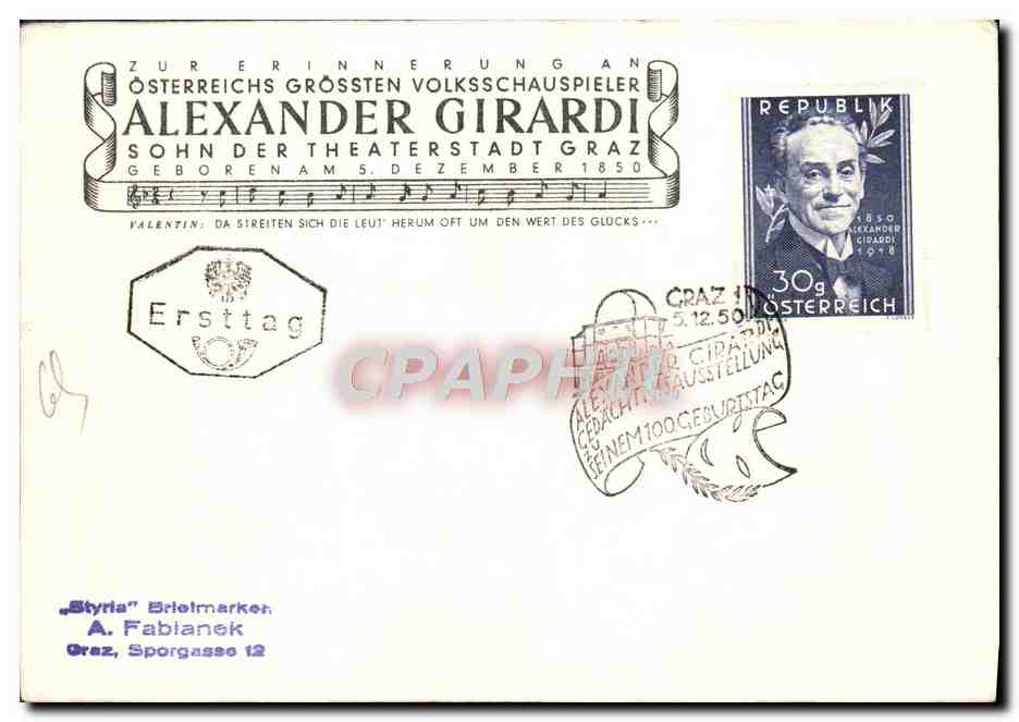 CPM 1er jour Cirarsis Geburtshaus In Graz Leonhardstrasse Alexander Girardi 5 12 1950 — Rückseite