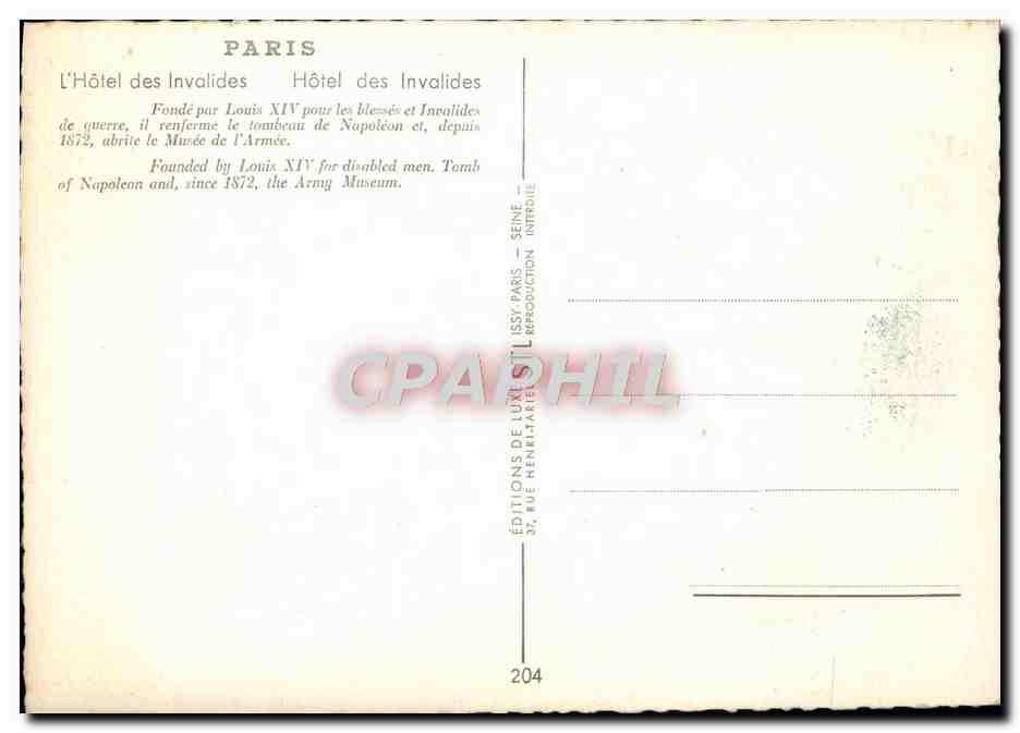 CPM Paris L'Hotel Des Invalides — Rückseite