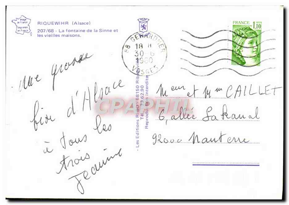 CPM Riquewihr La fontaine de la Sinne et les vieilles maisons — Verso