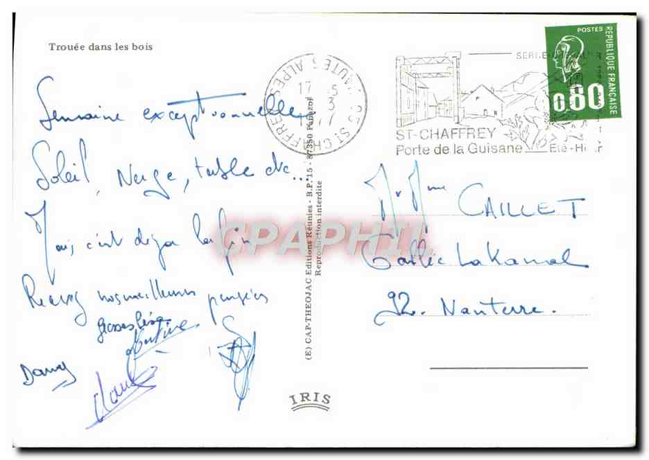 CPM Trouee dans les bois — Verso