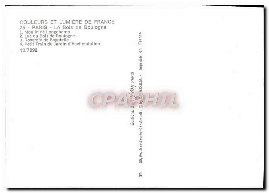 CPM Paris Bois de Boulogne Train Moulin a vent — Verso