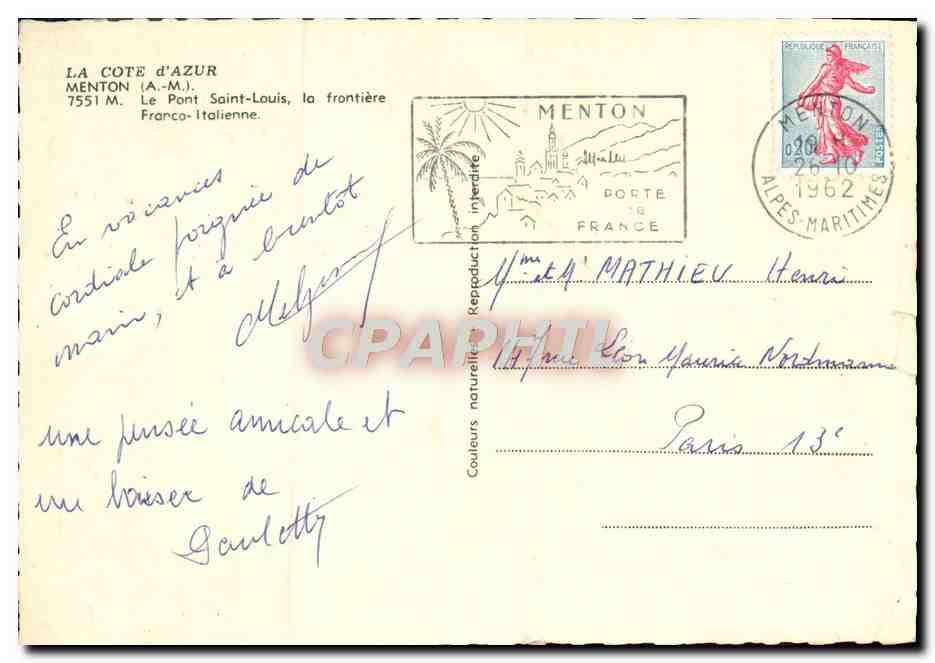 CPM Menton Le Pont Saint Louis La frontiere franco italienne  — Rückseite