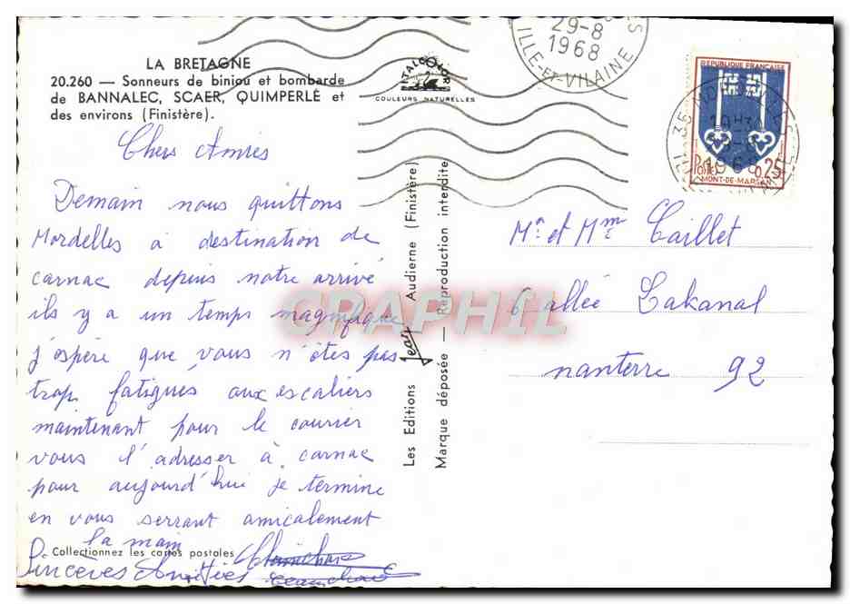 CPM Le Bretagne Sonners de biniou et bombarde de Bannalec Scaer Quimperle et des environs folklore  — Rückseite