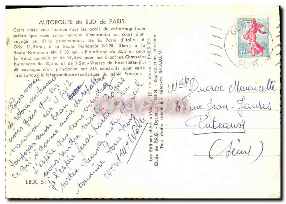 CPM L'Autoroute Du Sud De Paris Et Ses Acces Peripherique Gentilly Arcueil Orleans Rungis — Verso