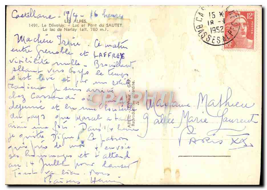 CPM Les Alpes Le Devoluy Lac et Pont du Sautet Le Lac de Narlay — Verso