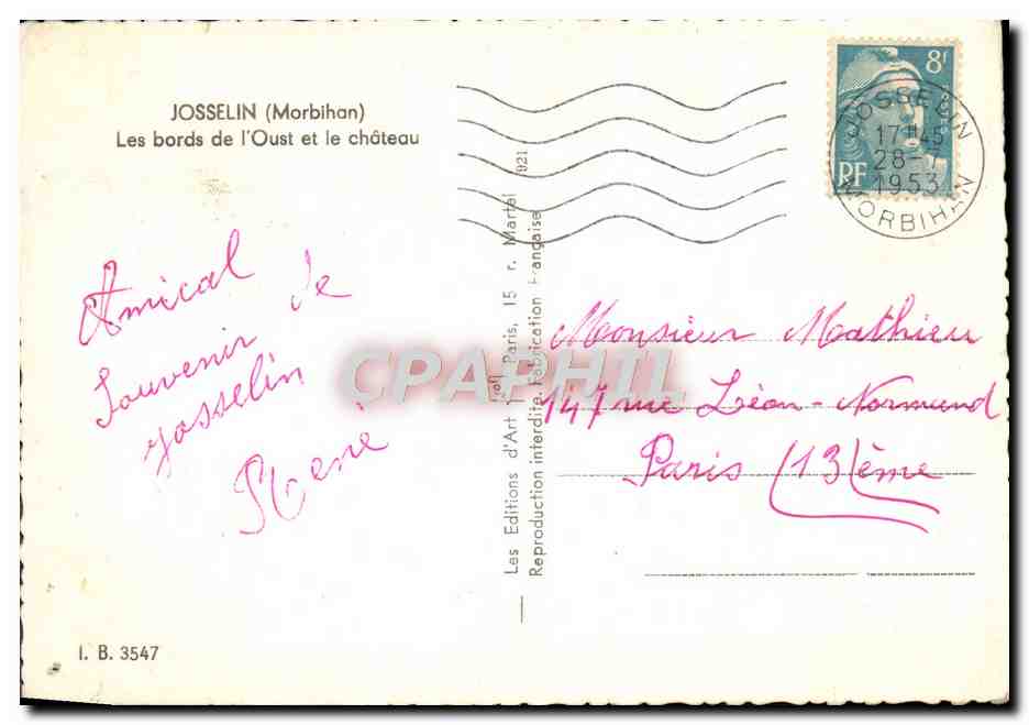 Josselin (Morbihan) — Les bords de l'Oust et le château — Les Editions d'Art, Paris, n° I. B. 3547 — Rückseite