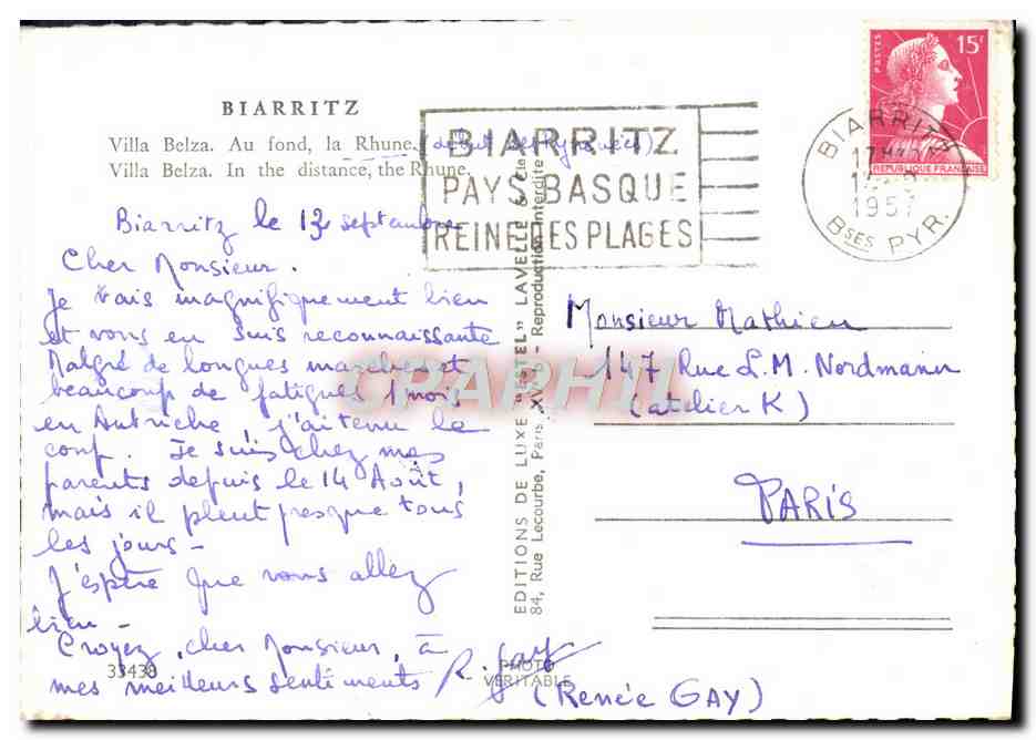 CPM Biarritz Villa Belza Au fond la Rhune Villa Belza  — Rückseite