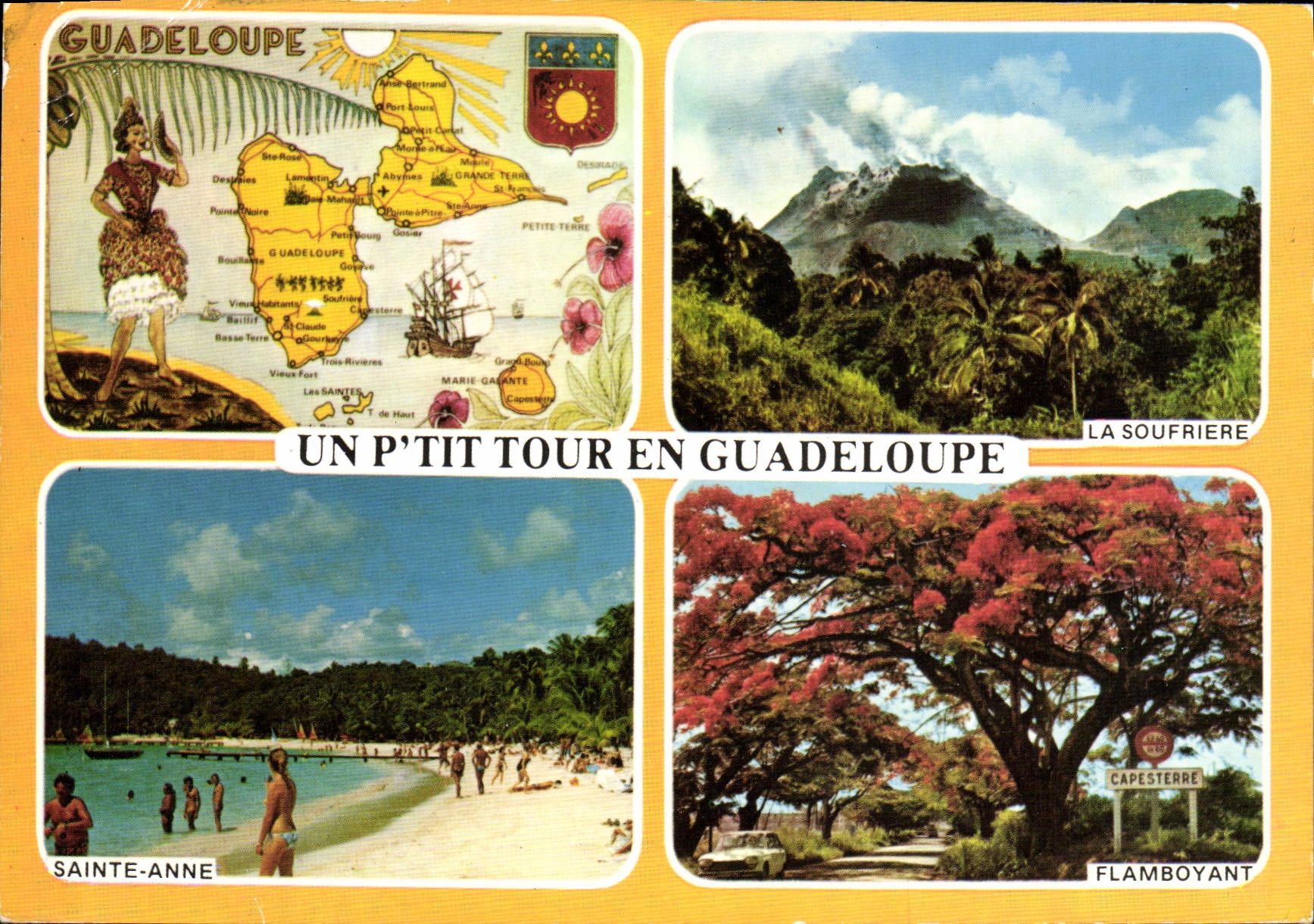 CPM Un p'tit tour en Guadeloupe La Soufriere Sainte Anne Flamboyant