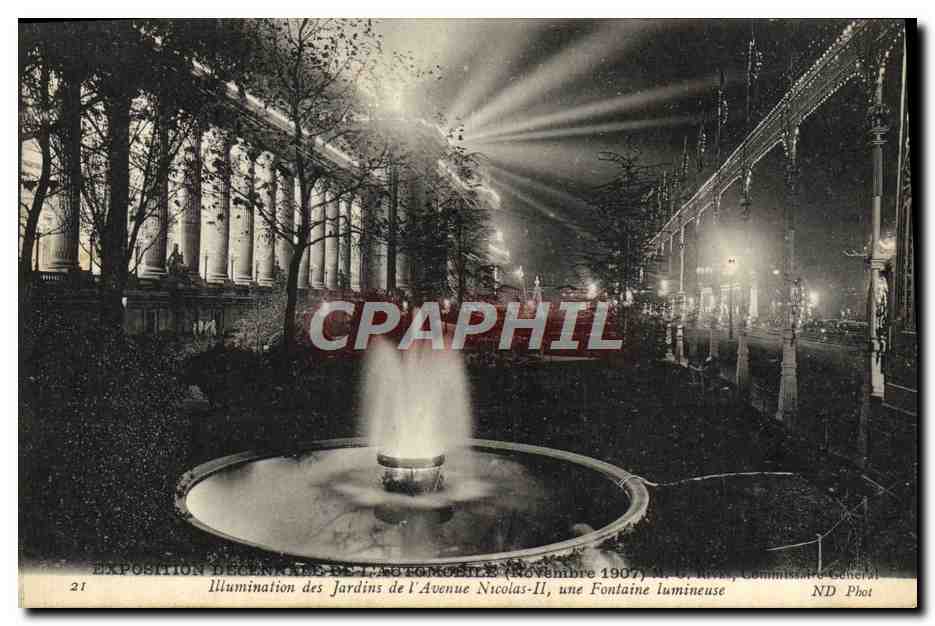 CPA Exposition decennale de l'automobile Novembre 1907 Illumination des Jardins de l'avenue Nicolas II fontaine lumineus