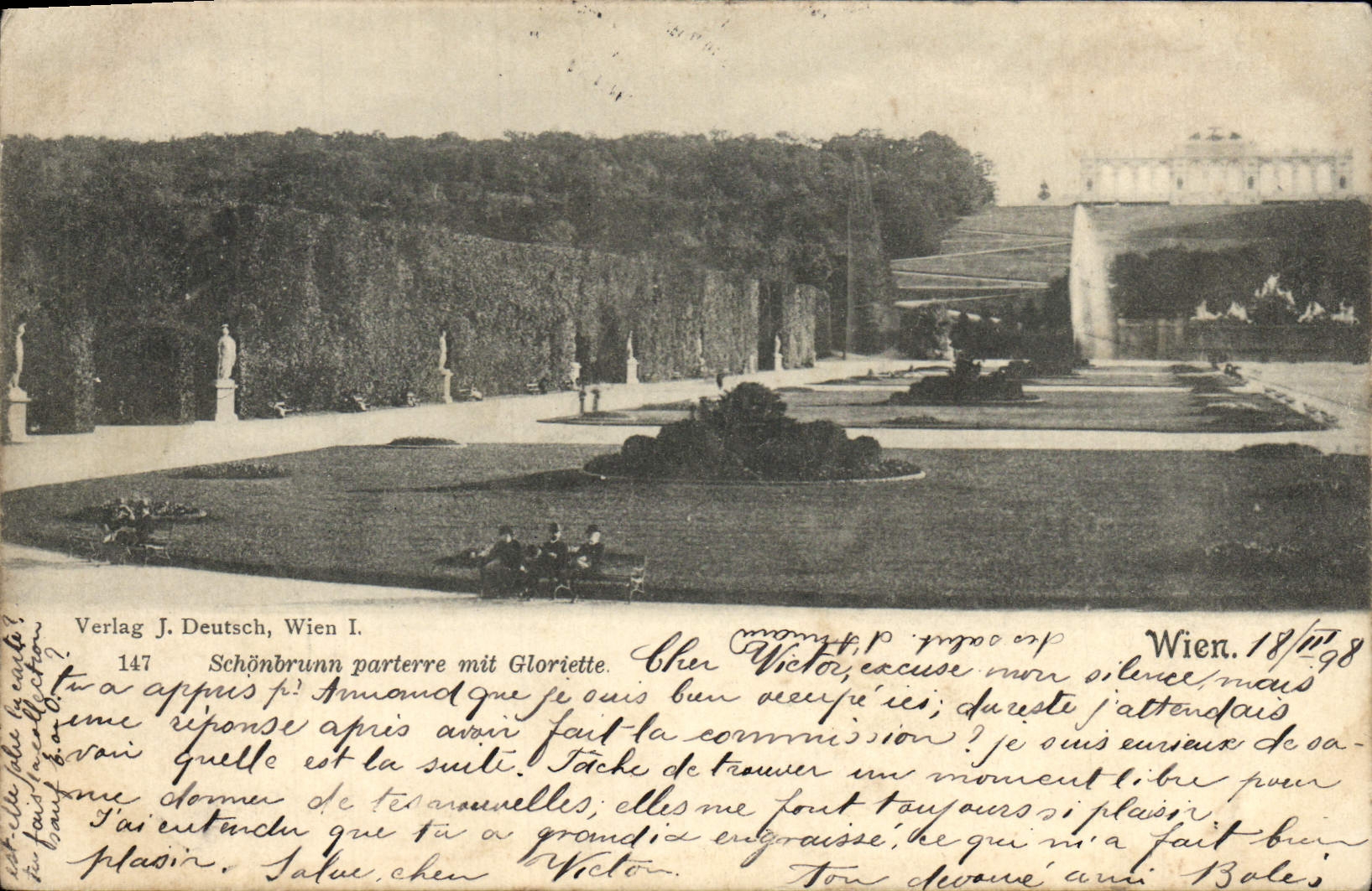 CPA Schonbrun parterre mit Gloriette Wien Carte 1898 Timbres Taxe Suisse