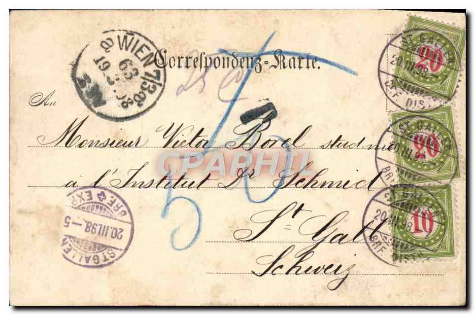 CPA Schonbrun parterre mit Gloriette Wien Carte 1898 Timbres Taxe Suisse — Rückseite