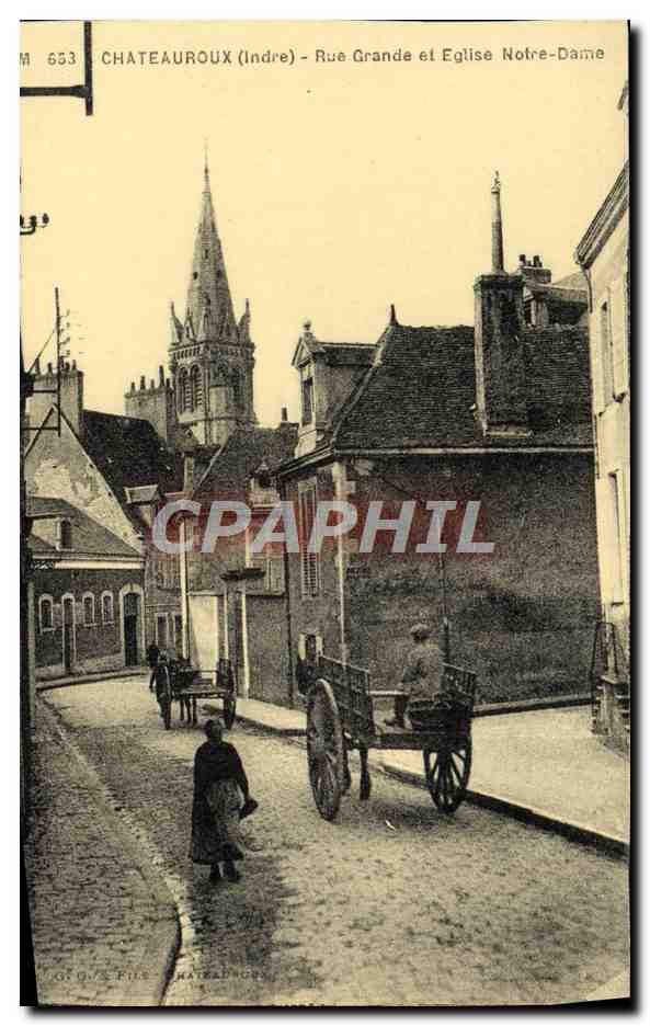 CPA Chateauroux Rue Grande et Eglise Notre Dame Charette Cheval