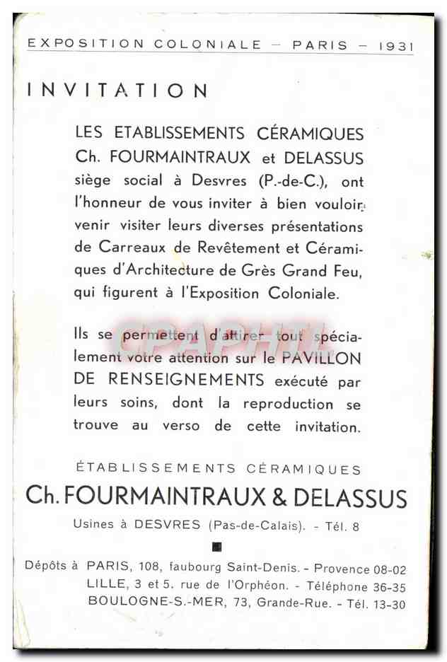 Pavillon de Renseignements — Exposition Coloniale Paris 1931 — Établissements Céramiques Ch. Fourmaintraux & Delassus — Rückseite
