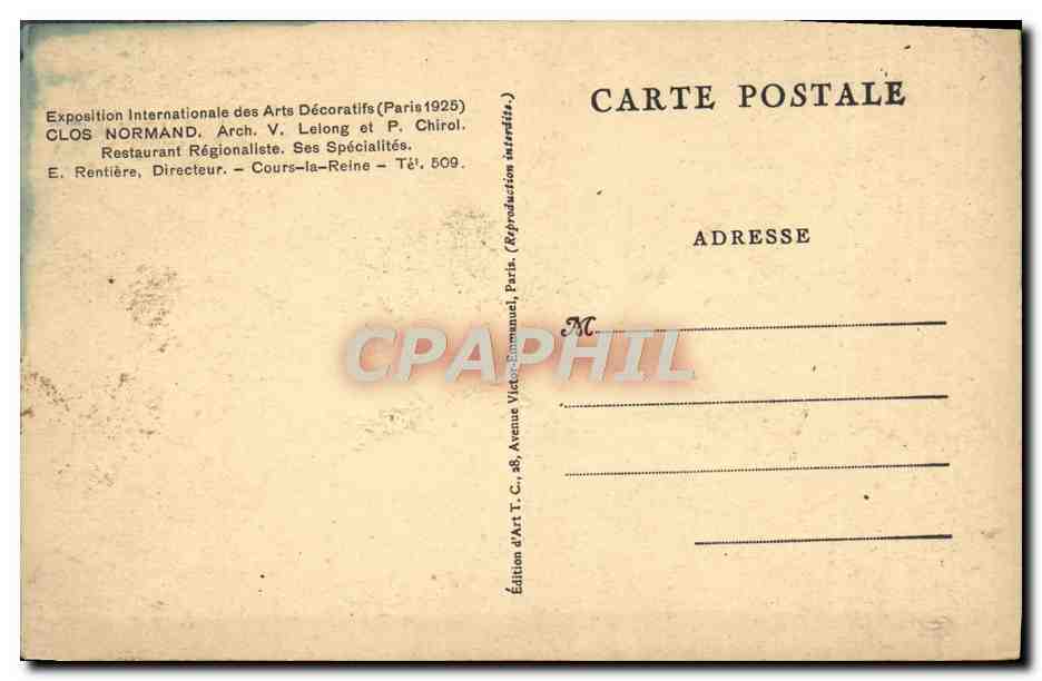 CPA Paris Exposition Internationale Des Arts Decoratifs 1925 Clos normand Restaurant regionaliste  — Rückseite