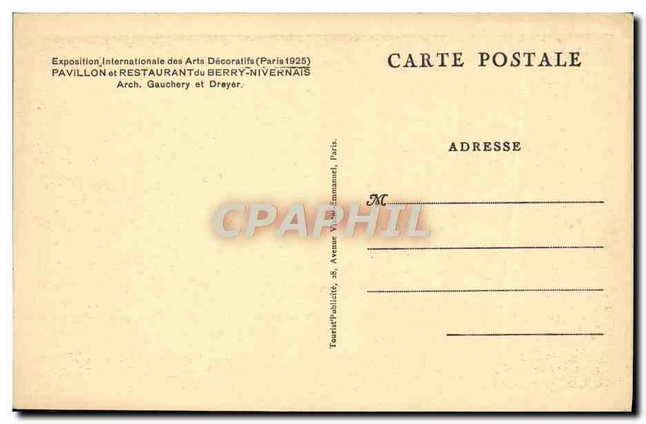 CPA Paris Exposition Internationale Des Arts Decoratifs Pavillon et Restaurant du Berry Nivernais — Rückseite