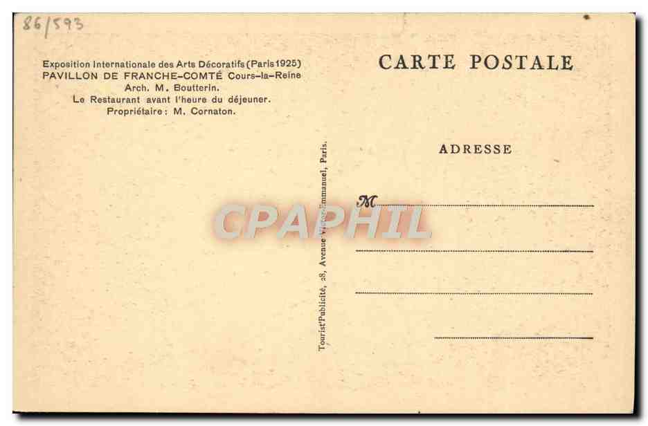 Restaurant avant l'heure du déjeuner — Exposition Internationale des Arts Décoratifs (Paris 1925) — Pavillon de Franche-Comté — Arch. M. Bouterin — Verso